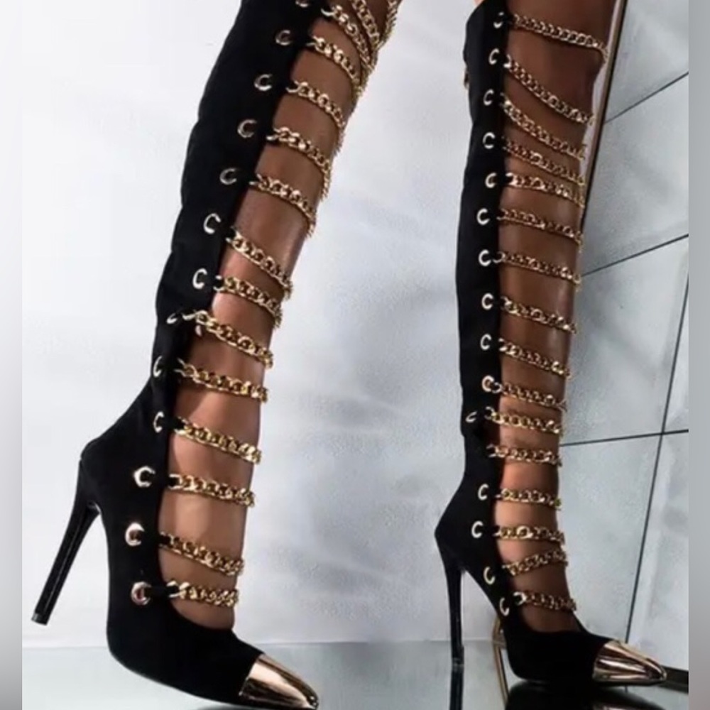 Azalea Wang Knee High Gold Chain Boots Sz. 8.5